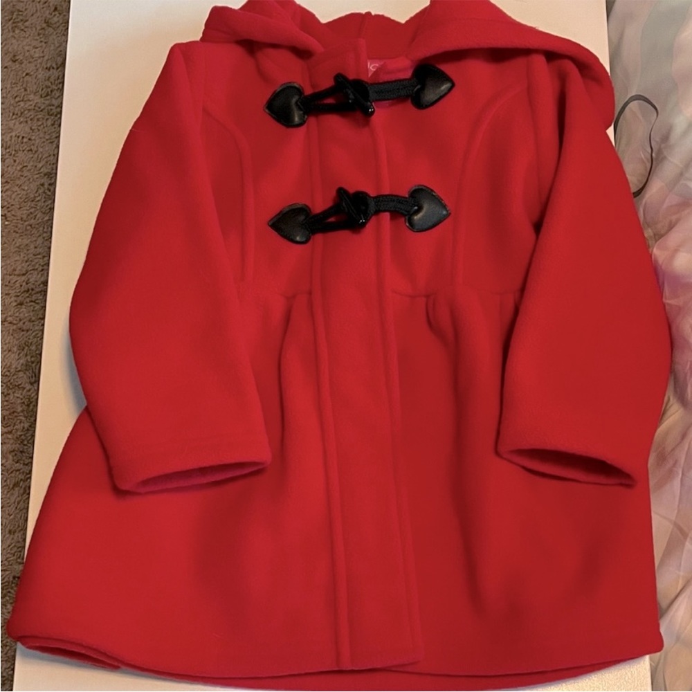 NWOT Red Fleece Toddler Sz 2 Jacket with black faux leather closures. Never worn